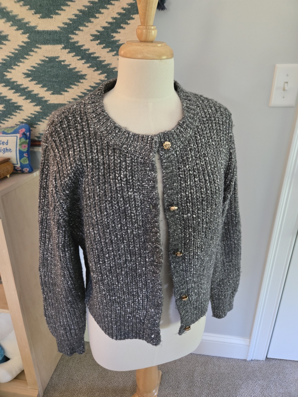 Rachel Zoe Charcoal Gray White Knit Cardigan Gold Buttons Women's Size Small